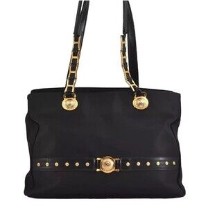 Authentic Gianni Versace Sunburst Nylon Leather Shoulder Bag Black 6117J